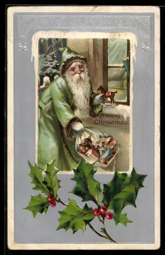 AK Weihnachtsmann in grünem Mantel mit Geschenkesack