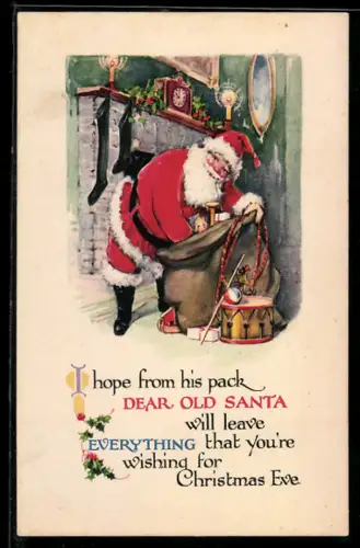 AK Weihnachtsmann befüllt Socken vor einem Kamin mit Geschenken