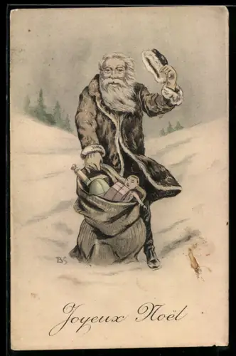 AK Weihnachtsmann steht mit einem Sack voller Geschenke auf einem schneebedeckten Feld