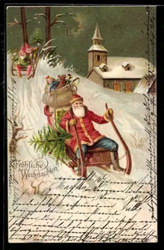 Lithographie Weihnachtsmann mit Geschenken und Christbaum auf einem Schlitten von Zwergen auf Schlitten verfolgt
