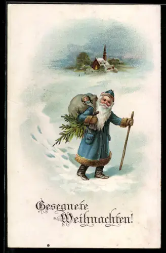 AK Weihnachtsmann läuft vor einer Kirche durch den Schnee