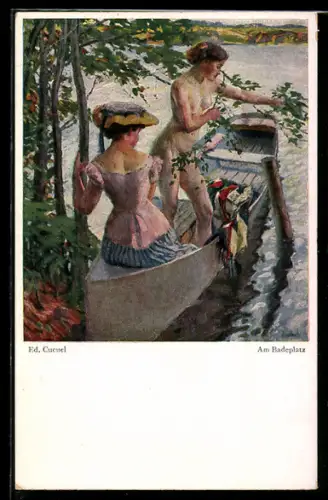 Künstler-AK Edward Cucuel: Dame steht nackt auf einem Boot