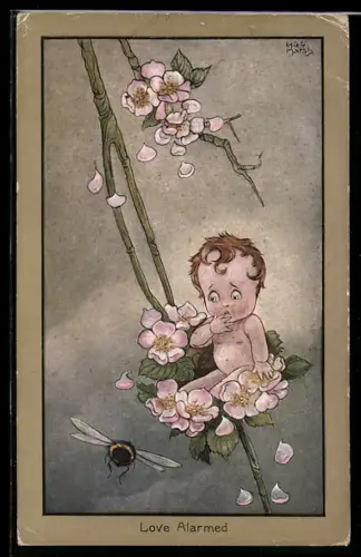 Künstler-AK H. G. C. Marsh-Lambert: Kleiner Junge auf Blüten, umfliegende Biene