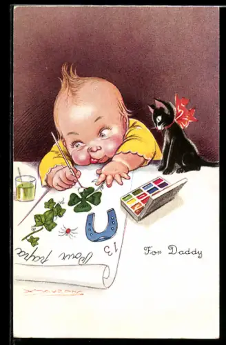 Künstler-AK Mauzan: Je vous souhaite tout le bonheur possible!, Kind malt ein Bild