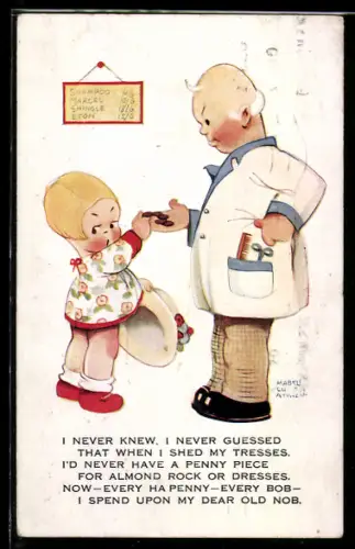 Künstler-AK Mabel Lucie Attwell: Kleines Mädchen bezahlt widerstrebend den Friseur