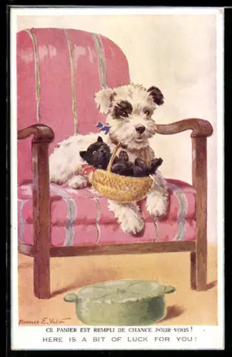 Künstler-AK Florence E. Valter: Hund mit junger Katze im Korb