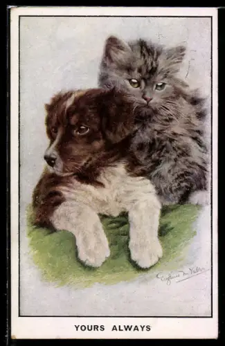 Künstler-AK Florence E. Valter: Hund und Katze friedlich zusammen