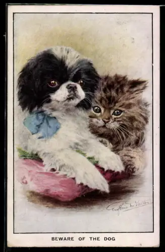 Künstler-AK Ein Idyll mit Hund und Katze