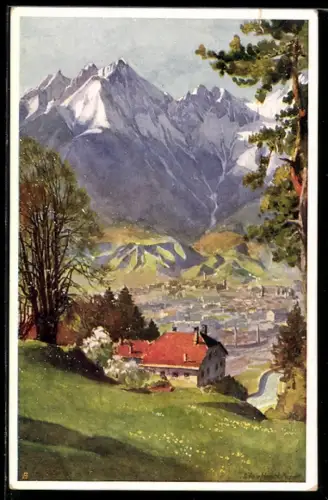 Künstler-AK Edo v. Handel-Mazzetti: Innsbruck, Blick gegen Norden mit Frau Hitt und Solstein