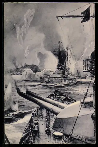 Künstler-AK Willy Stoewer: Beschiessung von Scarborough durch dt. Kriegsschiffe