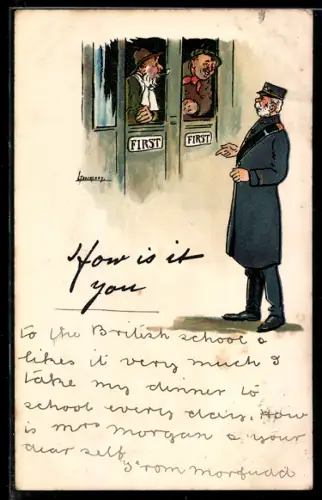 Künstler-AK L. Thackeray: Schaffner steht vor einem Bahnfenster mit zwei alten Herren