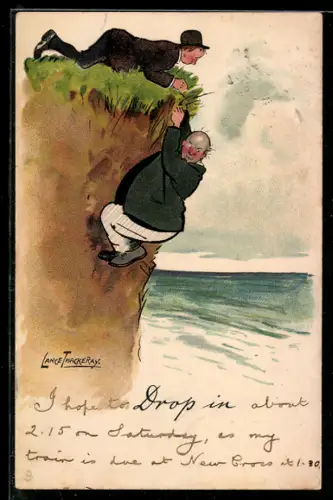 Künstler-AK L. Thackeray: Dicker Mann klettert einen Vorsprung herab, auf dem ein dünner Mann liegt