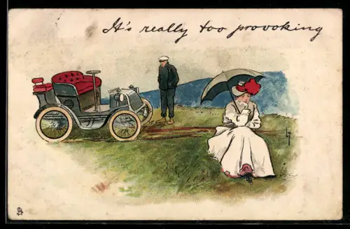 Künstler-AK L. Thackeray: It`s really too provoking, Schlechtgelauntes Paar nach Auto-Panne