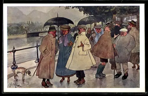 Künstler-AK Fritz Schönpflug: Bad Ischl, verschnupfte Kurgäste beim Spaziergang im Regen