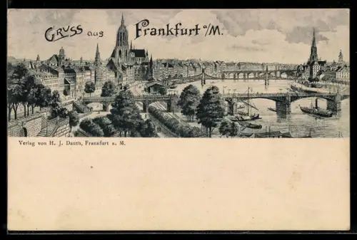 Lithographie Alt-Frankfurt, Dom, Alte Brücke, Mainpanorama