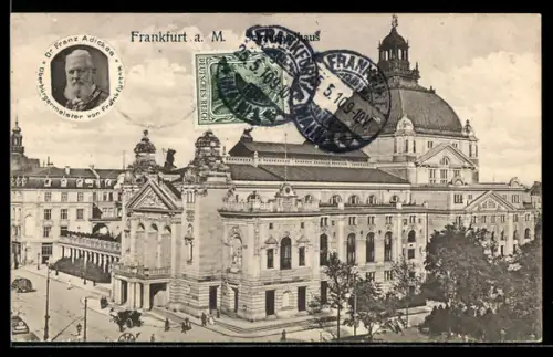 AK Frankfurt a. M., Schauspielhaus mit Portrait von Franz Adicken