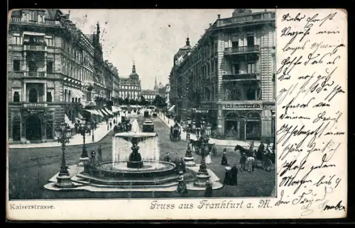 AK Frankfurt a. M., Kaiserstrasse, Brunnen, Geschäftshäuser