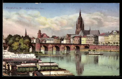 AK Alt-Frankfurt, Alte Brücke, Dom, Damen Schwimm Bad von E. Kayser