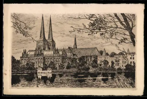 Künstler-AK Lübeck, Dom und Schlossansicht am See