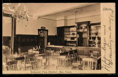 AK Lübeck, Restaurant Flora, Besitzer Max Siems, Innenansicht
