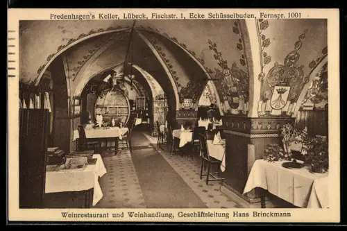 AK Lübeck, Restaurant Fredenhagen`s Keller, Weinrestaurant und Weinhandlung, Fischstr. 1, Leitung Hans Brinckmann