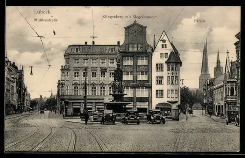 AK Lübeck, Klingenberg mit Siegesbrunnen, Mühlenstrasse, Parade