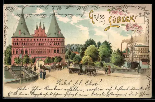 Lithographie Lübeck, Holstentor, Hafen, Schiffe