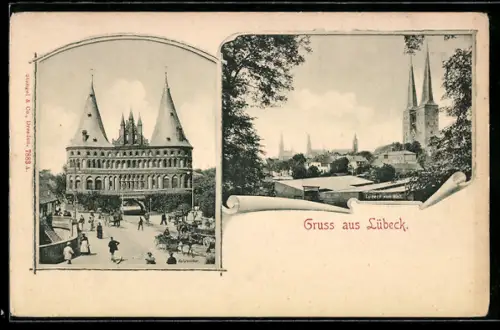 AK Lübeck, Holstentor, Stadtansicht mit Kirchen
