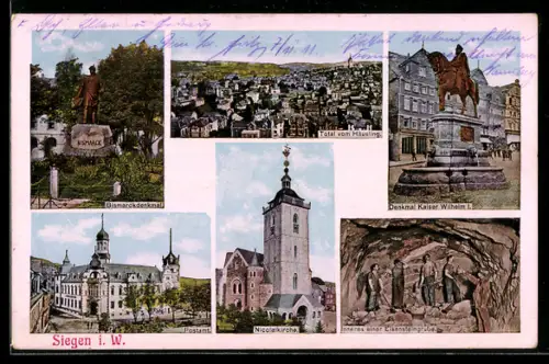 AK Siegen i. W., Bismarckdenkmal, Postamt, Nikolaikirche