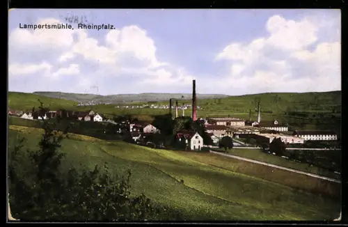 AK Lampertsmühle /Rheinpfalz, Ortsansicht mit Fabrikgebäuden und Landschaft