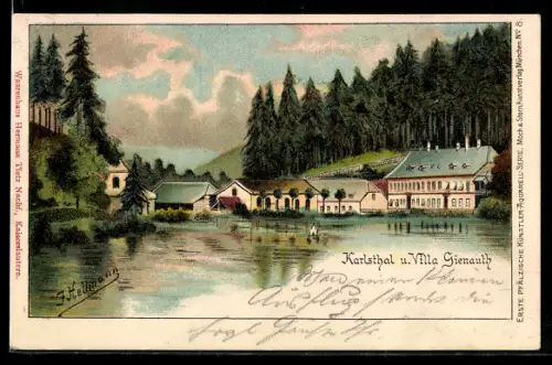 Lithographie Kaiserslautern, Villa Gienauth im Karlstal, Wasserbassin