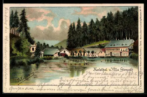 Lithographie Kaiserslautern, Karlsthal mit Villa Gienauth