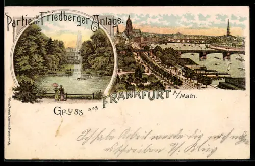 Lithographie Frankfurt a. Main, Friedberger Anlage, Mainbrücke, Ortspanorama