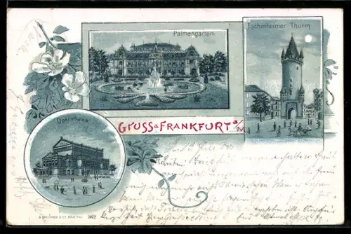 Mondschein-Lithographie Frankfurt a. M., Palmengarten, Eschenheimer Thurm, Opernhaus