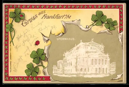AK Frankfurt a. M., Opernhaus mit Kleeblättern im Passepartout