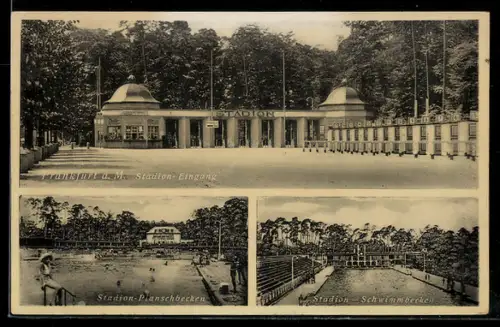 AK Frankfurt-Niederrad, Stadion-Eingang, Stadion-Planschbecken, Stadion-Schwimmbecken