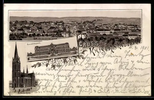 Lithographie Kaiserslautern, Gewerbemuseum, St. Marien-Kirche, Ortsansicht