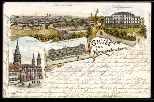 Lithographie Kaiserslautern, Stiftskirche, Bezirkskommando, Gewerbemuseum