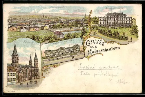Lithographie Kaiserslautern, Ortsansicht, Bezirkskommando, Stiftskirche und Gewerbemuseum