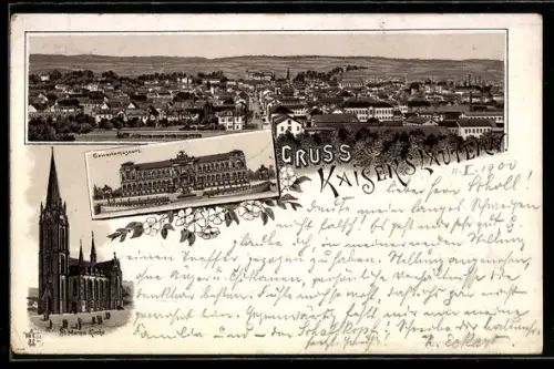 Lithographie Kaiserslautern, Totalansicht, St. Marien Kirche und Gewerbemuseum