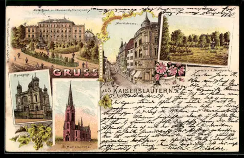 Lithographie Kaiserslautern, Partie in der Marktstrasse, Bismarck Denkmal und Synagoge