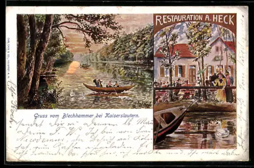 Künstler-AK Kaiserslautern, Restaurant Blechhammer, Ruderbootpartie
