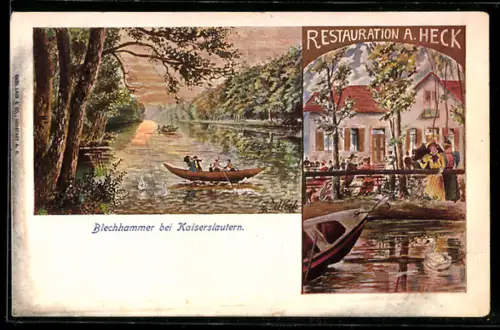 Künstler-AK Kaiserslautern, Restaurant Blechhammer, Ruderbootpartie