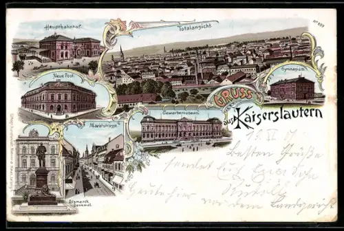 Lithographie Kaiserslautern, Hauptbahnhof, Neue Post, Gewerbemuseum