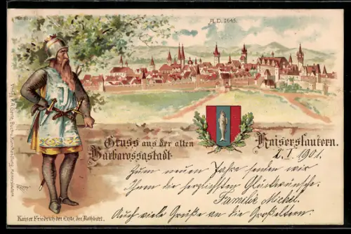Lithographie Kaiserslautern, Totalansicht aus dem Jahre 1645, Ritter und Stadtwappen