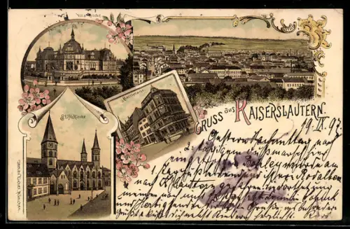 Lithographie Kaiserslautern, Villa Kröckel, Marktstrasse, Stiftskirche