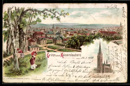 Lithographie Kaiserslautern, Totalansicht und St. Marienkirche