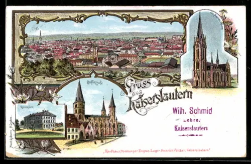 Lithographie Kaiserslautern, Gymnasium, Stiftskirche, Ortsansicht aus der Vogelschau