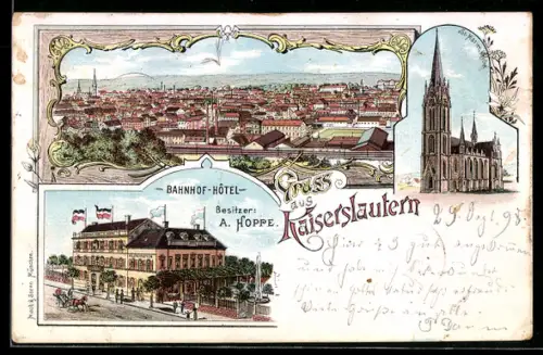 Lithographie Kaiserslautern, Bahnhof-Hotel, Bes. A. Hoppe, Totalansicht und St. Marienkirche