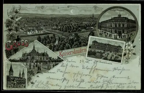 Mondschein-Lithographie Kaiserslautern, Stiftskirche, Villa Kröckel, Königl. Postamt, Pfälz. Gewerbemuseum